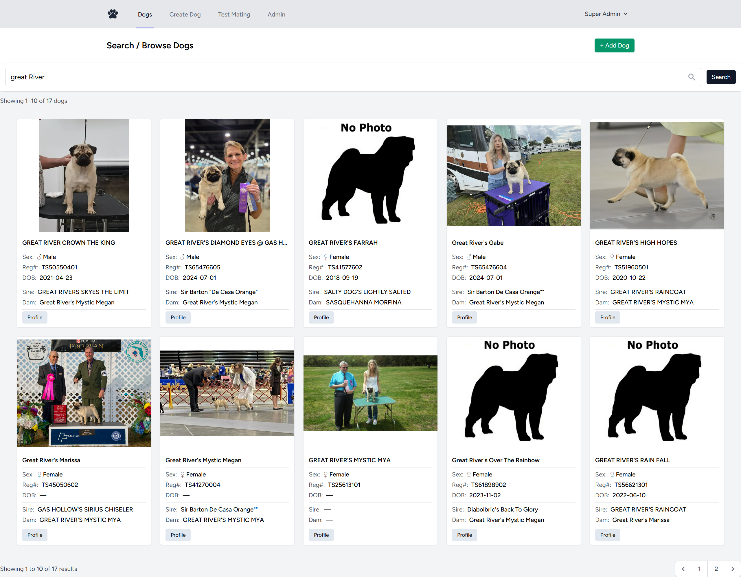 Screenshot of the dog search and browse page